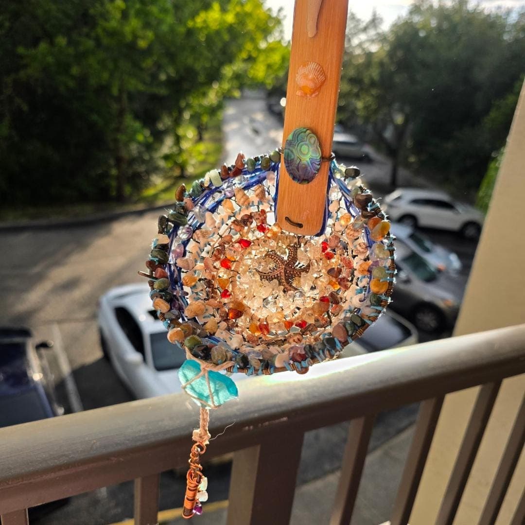 Handwoven Vintage Strainer Suncatcher – Abalone, Sea Glass, Crystals, Copper Key, Coastal Art - Thumbnail 3