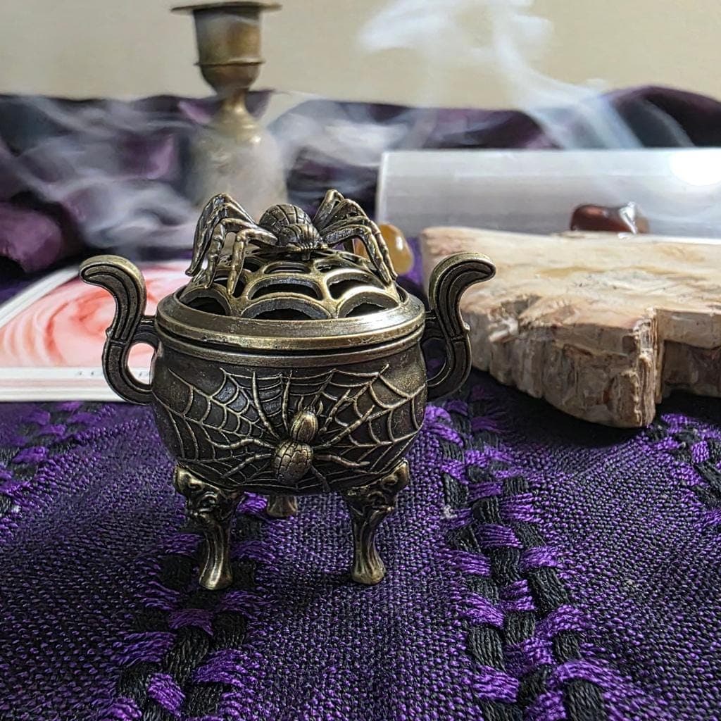 Bronze Spider Cauldron Incense Burner – Filigree Spiderweb Tripod Censer