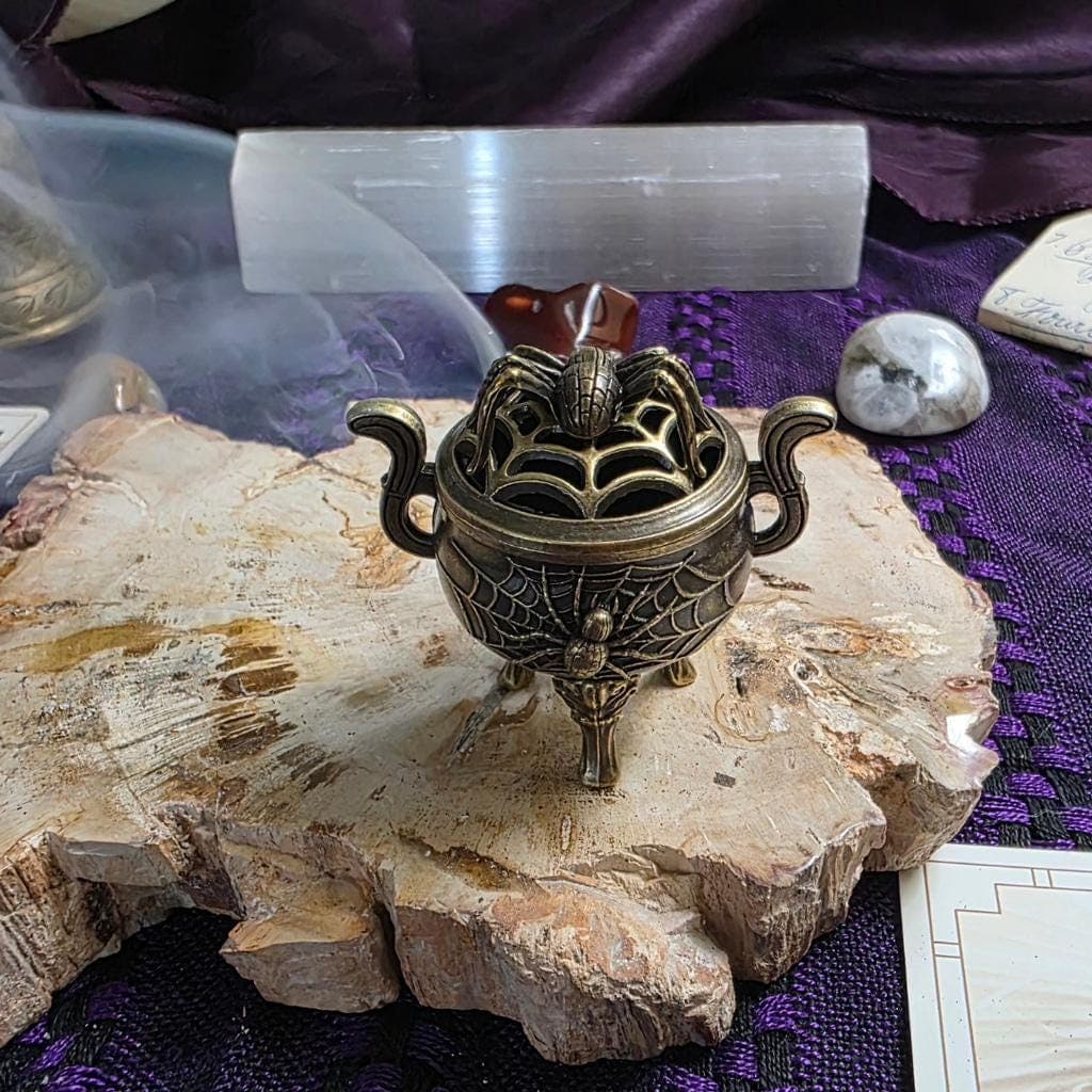 Bronze Spider Cauldron Incense Burner – Filigree Spiderweb Tripod Censer - Thumbnail 2