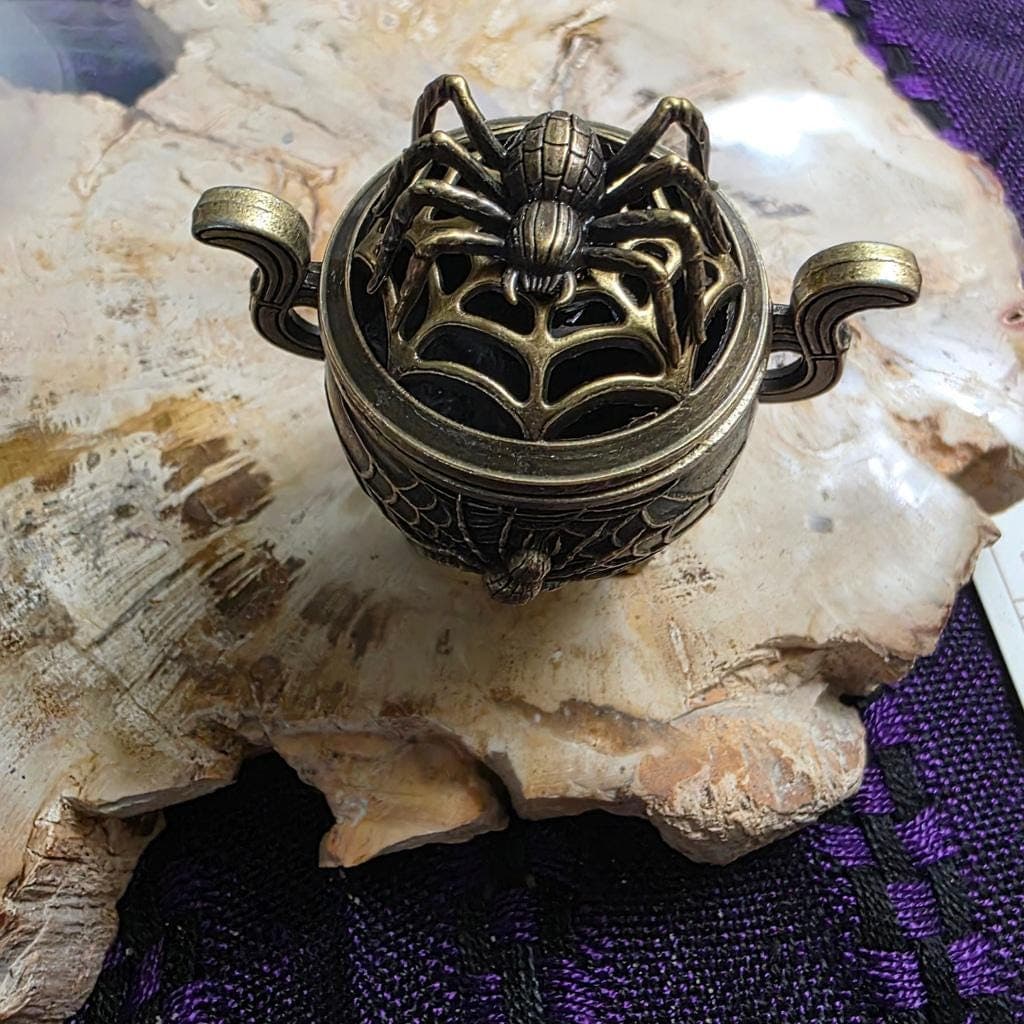 Bronze Spider Cauldron Incense Burner – Filigree Spiderweb Tripod Censer - Thumbnail 3