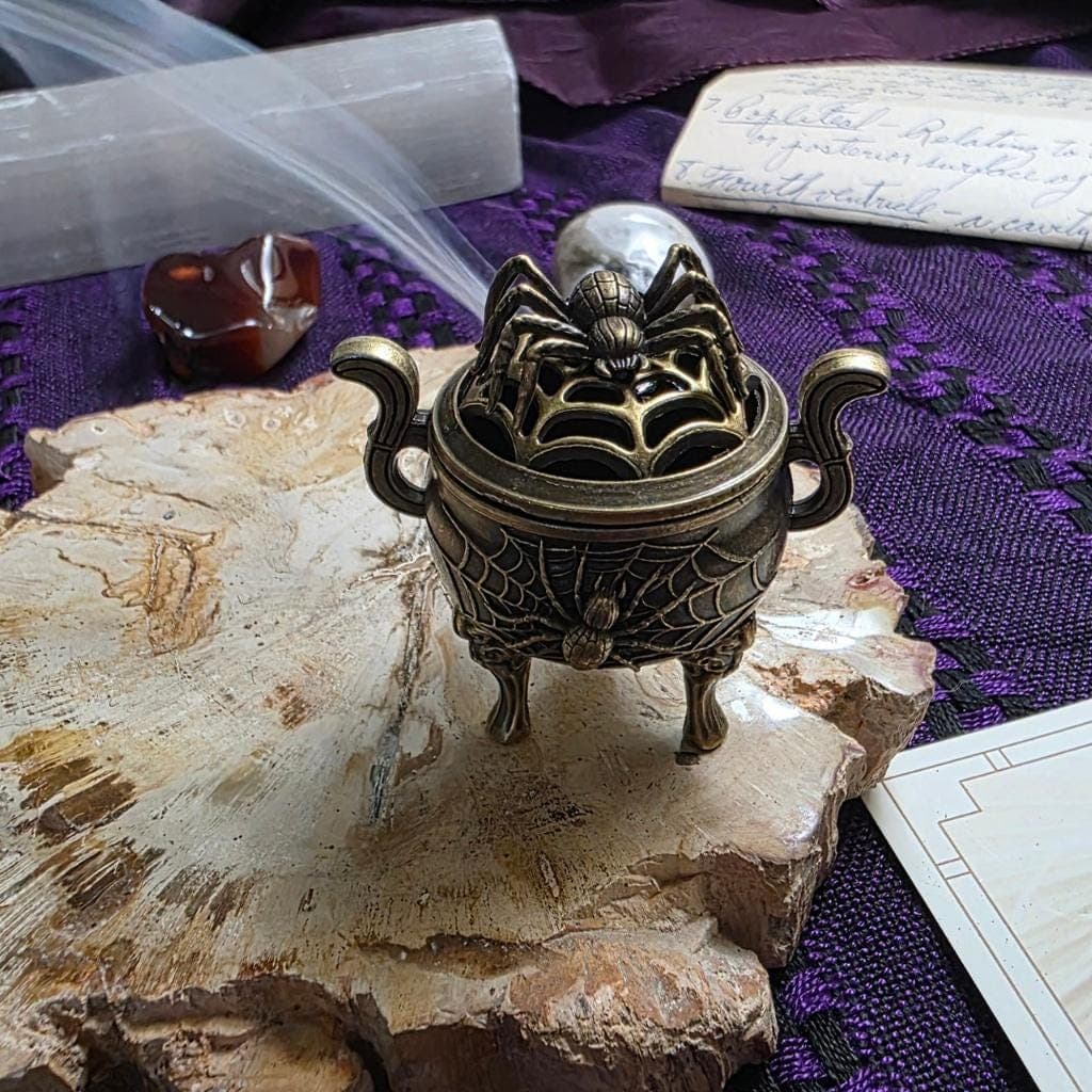 Bronze Spider Cauldron Incense Burner – Filigree Spiderweb Tripod Censer - Thumbnail 4