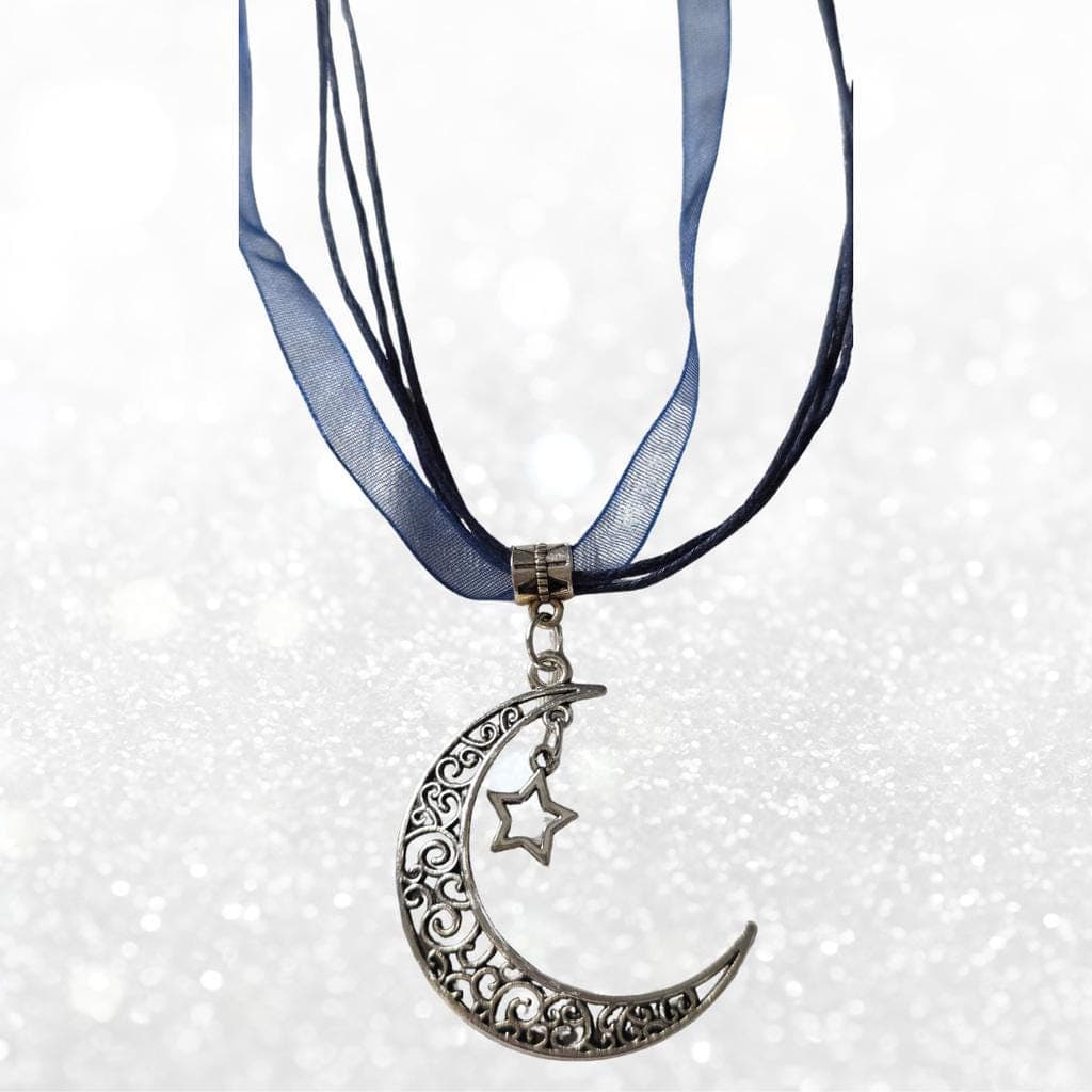 Celestial Crescent Moon & Star Necklace | Midnight Blue Lace Choker | Dark - Thumbnail 6