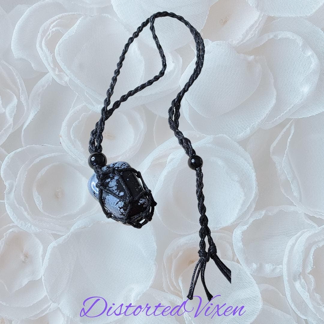 Handmade Snowflake Obsidian Macrame Necklace or Bracelet, Alt Goth Talisman - Thumbnail 7