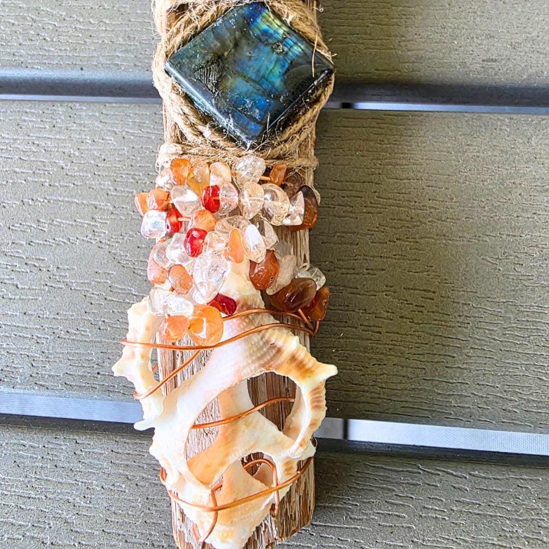 Handcrafted Driftwood Wand, Labradorite, Copper Wrapped Crystals, Sunrise Sunset Moon Charm - Thumbnail 9