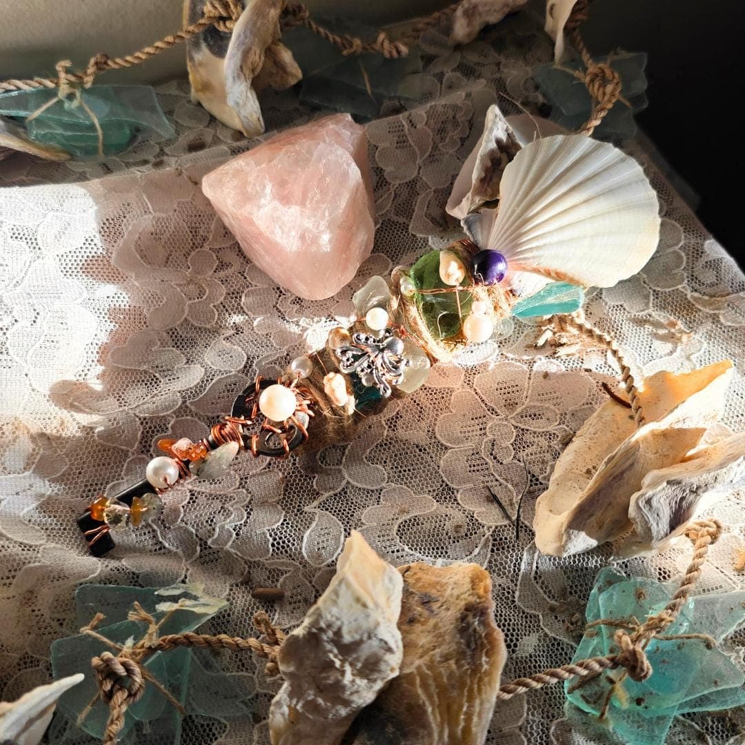 Handcrafted Driftwood Wand, Octopus Charm, Citrine, Carnelian, Copper Wrapped Key, Ocean Magic Tool - Thumbnail 7