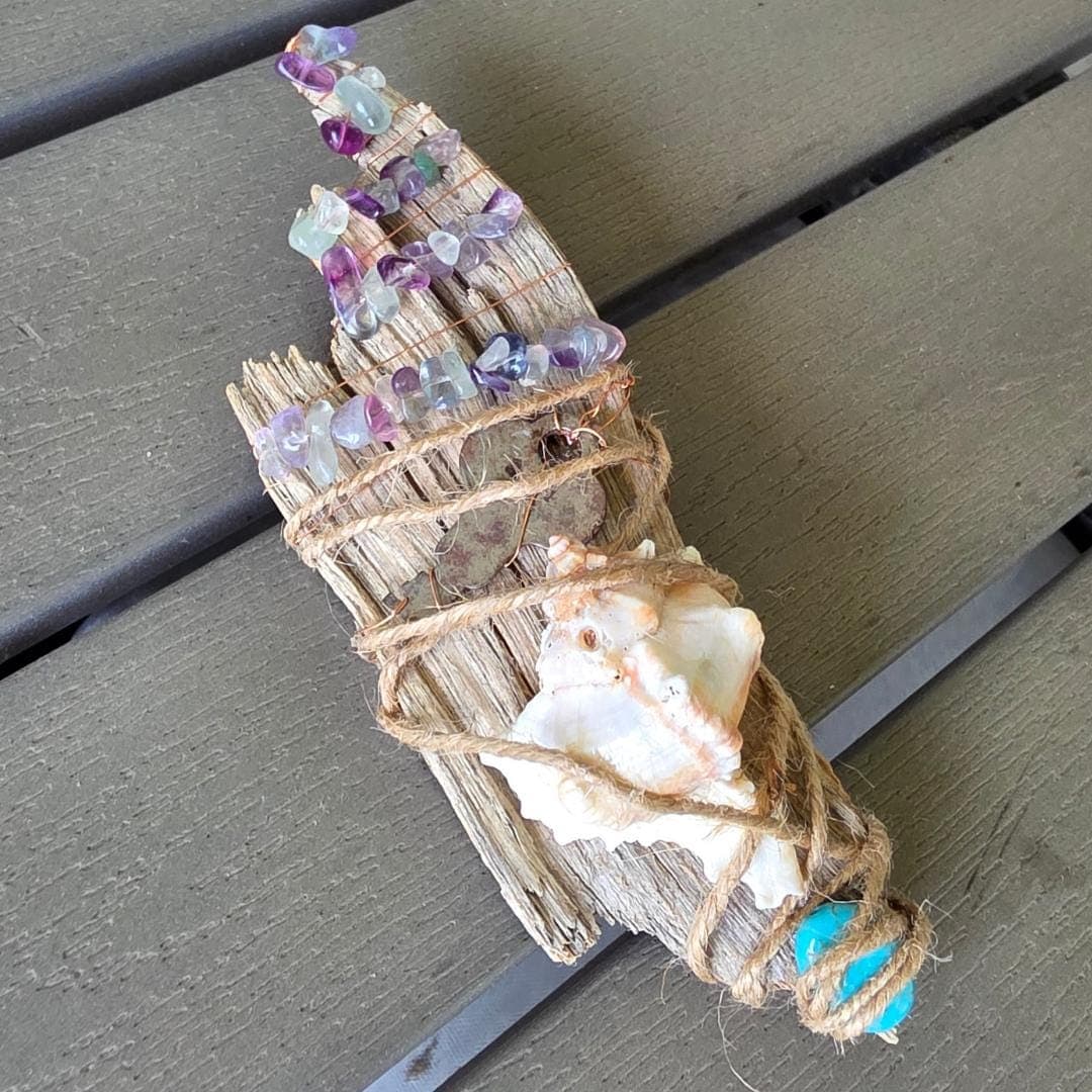 Driftwood Wand, Copper Wrapped Rainbow Fluorite, Antique Key, Sea Witch Altar Decor - Thumbnail 9