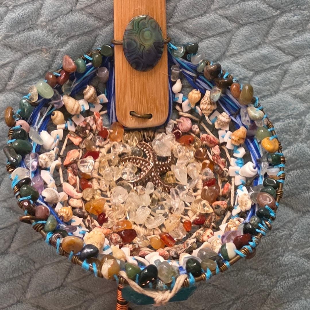 Handwoven Vintage Strainer Suncatcher – Abalone, Sea Glass, Crystals, Copper Key, Coastal Art - Thumbnail 2