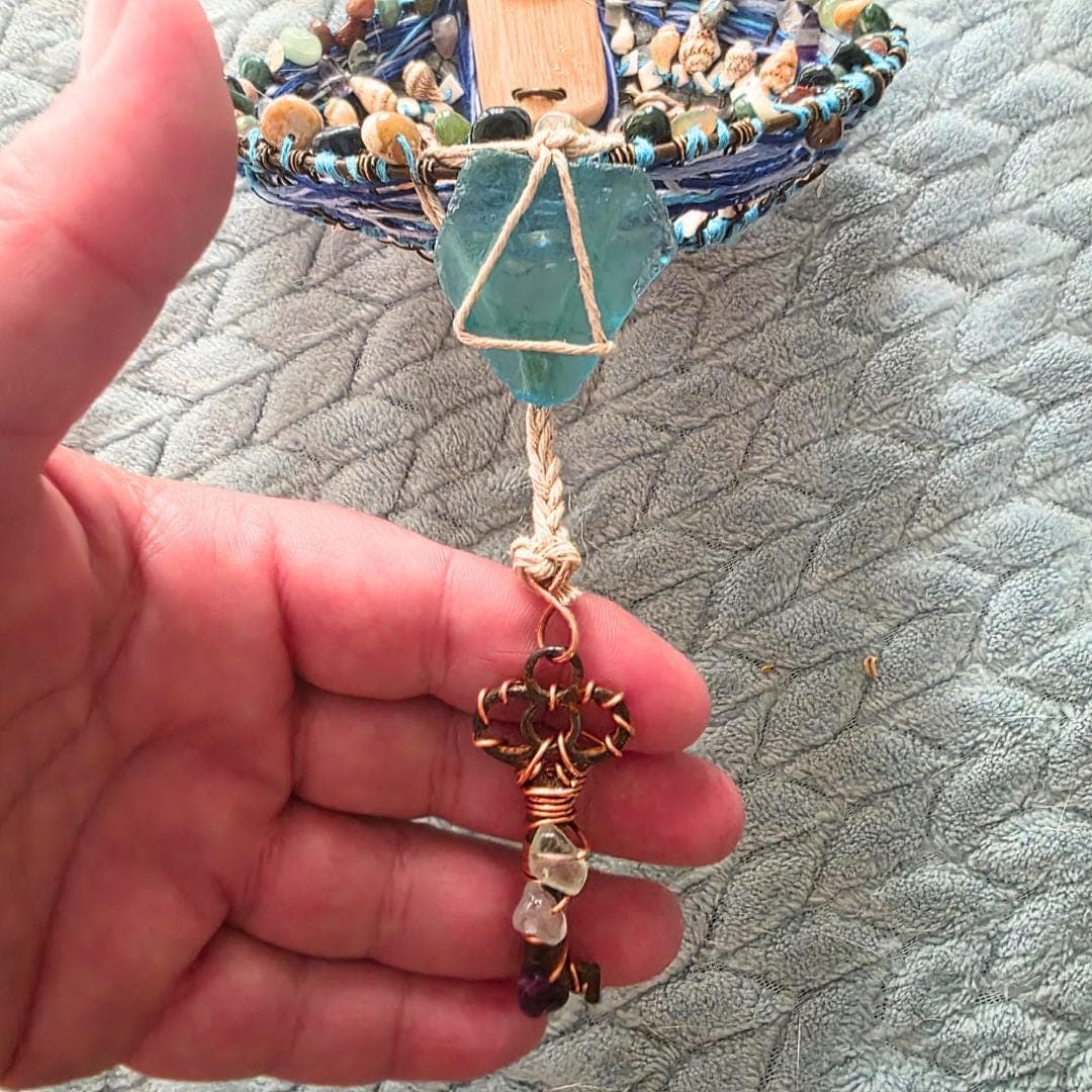 Handwoven Vintage Strainer Suncatcher – Abalone, Sea Glass, Crystals, Copper Key, Coastal Art - Thumbnail 9