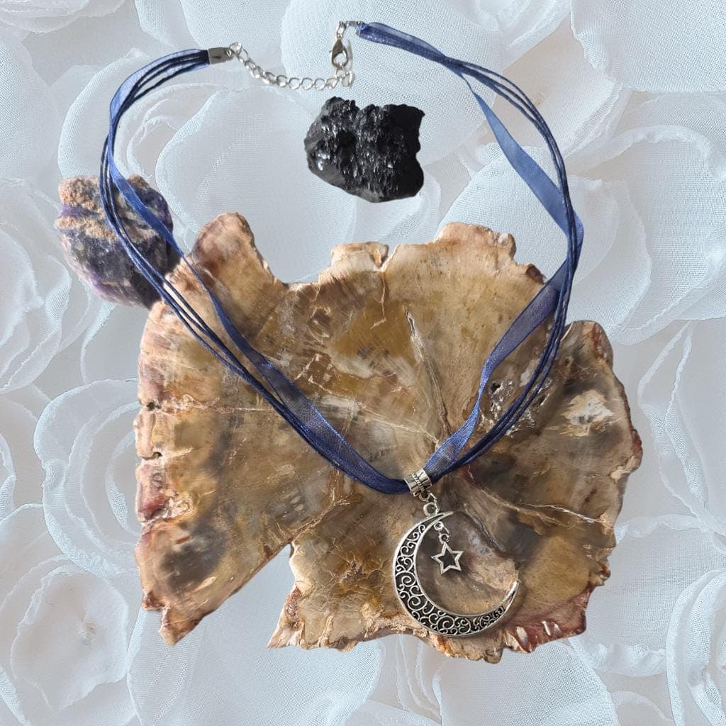 Celestial Crescent Moon & Star Necklace | Midnight Blue Lace Choker | Dark - Thumbnail 3