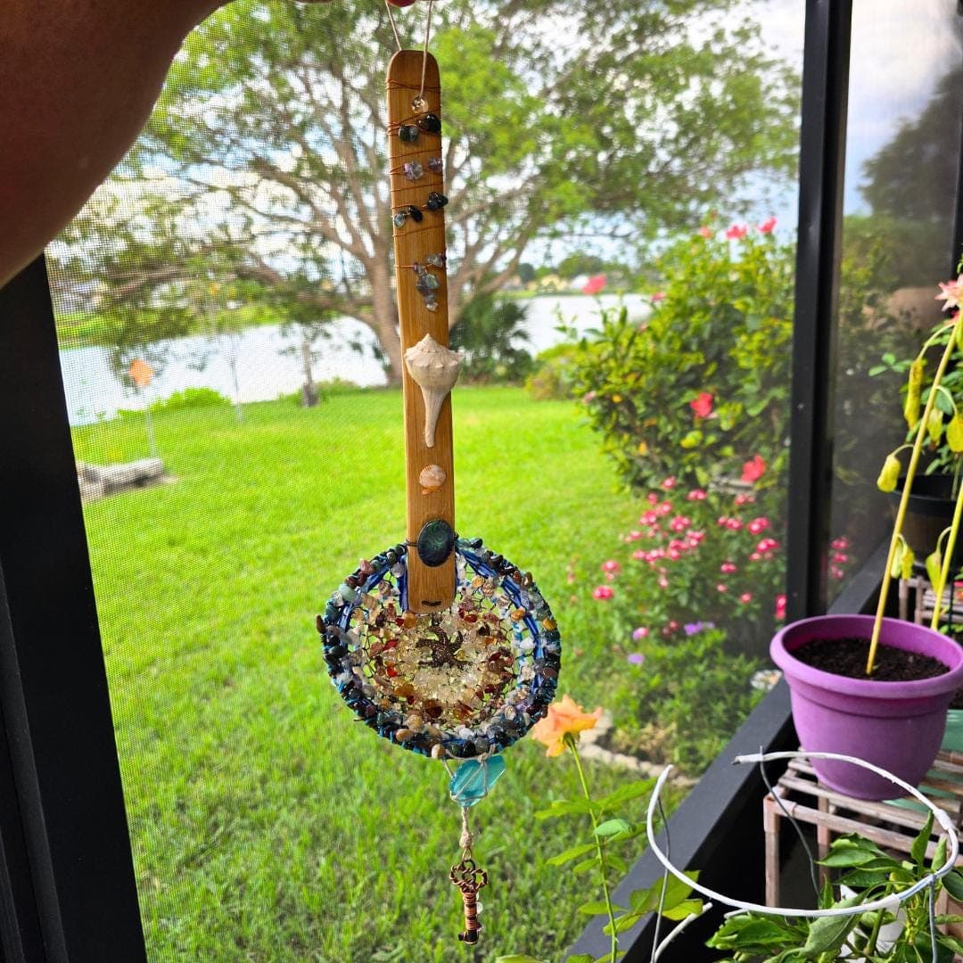 Handwoven Vintage Strainer Suncatcher – Abalone, Sea Glass, Crystals, Copper Key, Coastal Art - Thumbnail 8