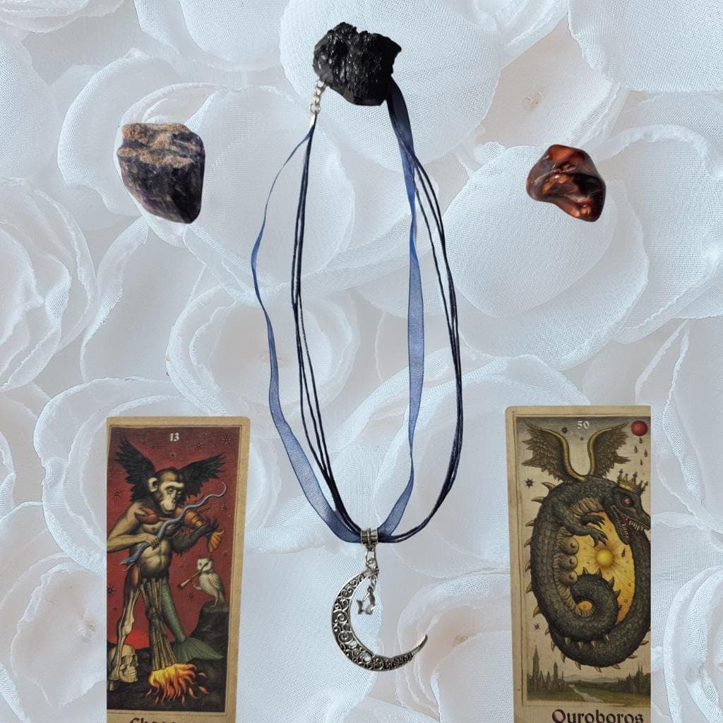 Celestial Crescent Moon & Star Necklace | Midnight Blue Lace Choker | Dark - Thumbnail 2