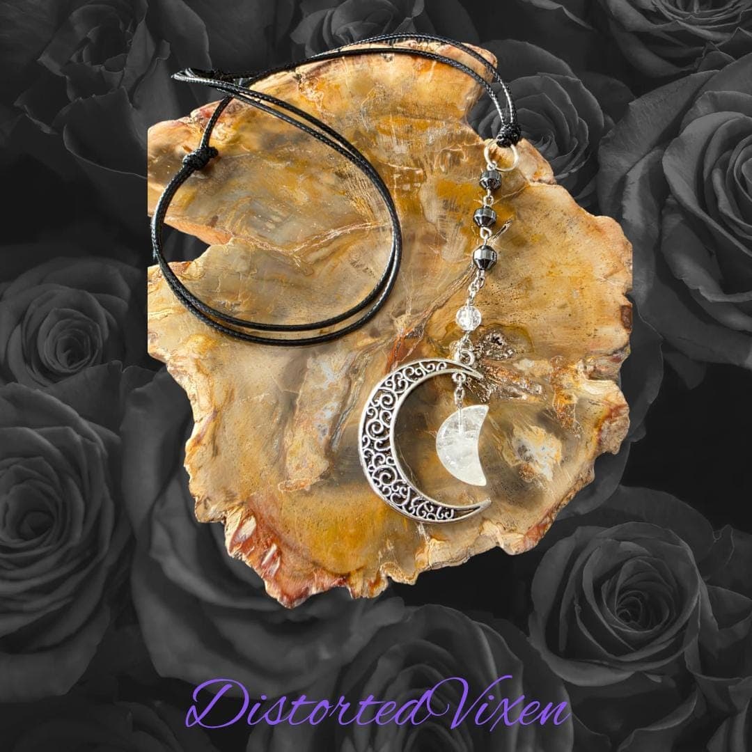 Quartz Moon Pendant Necklace, Hematite Grounding Beads, Witchy Goth Jewelry - Thumbnail 9