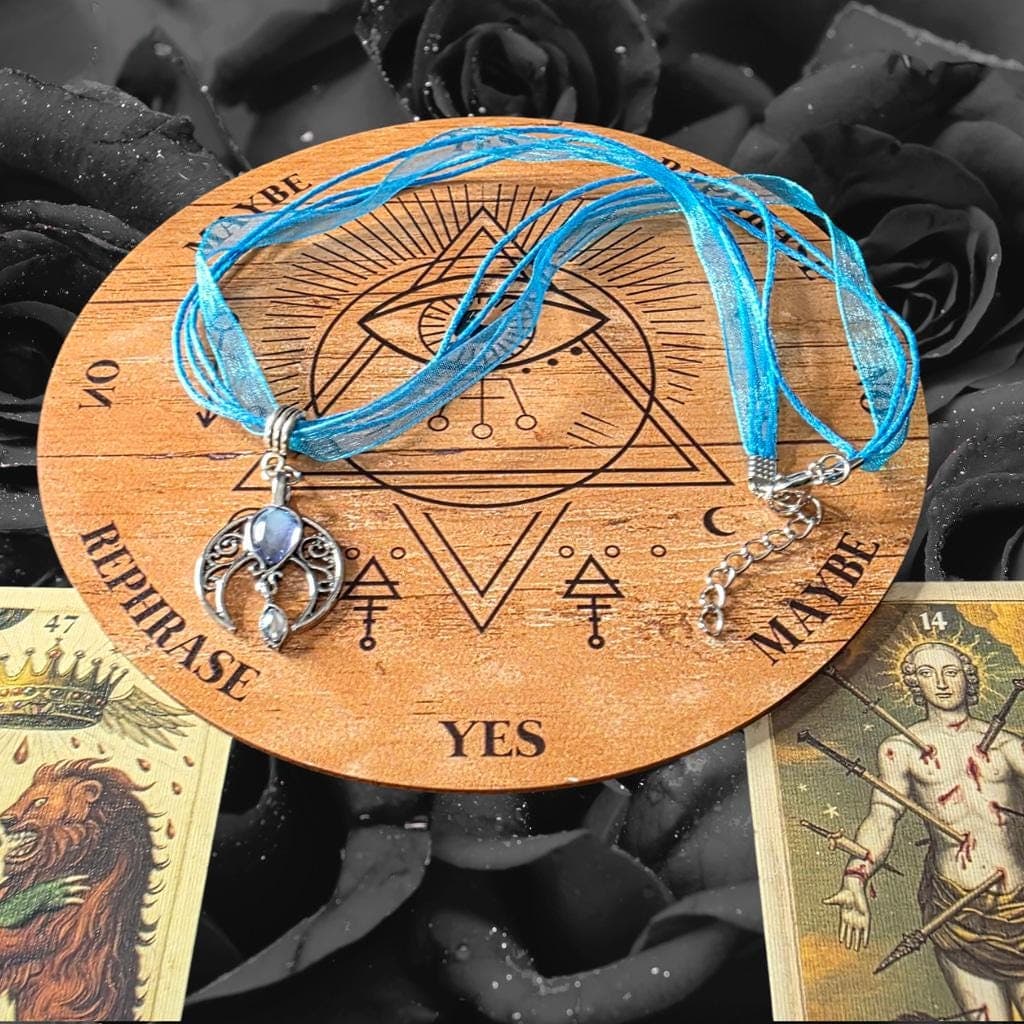 Gothic Armor Hecate Moon Goddess Necklace - Blue Celestial Talisman -choker - Thumbnail 4
