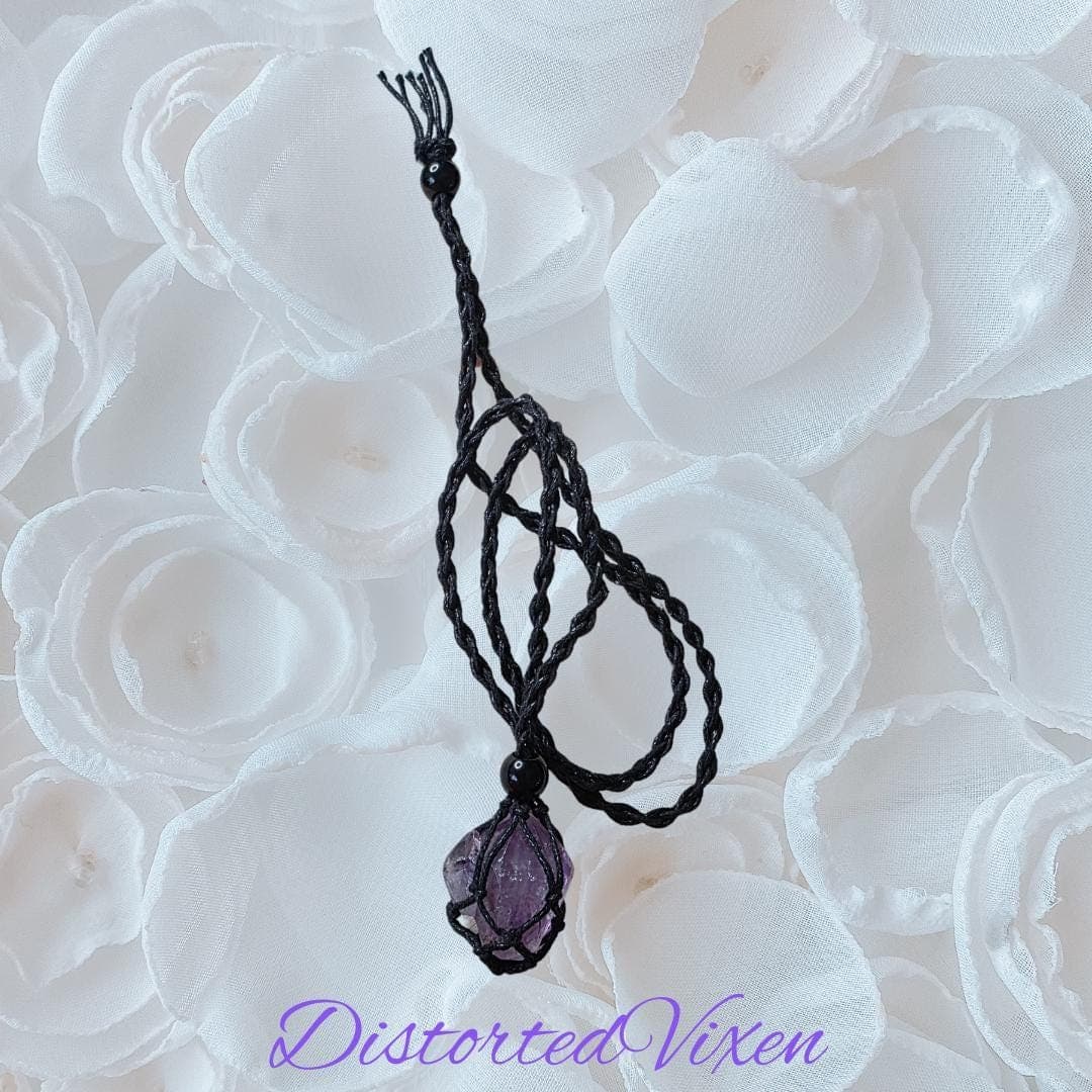 Amethyst Crystal Necklace — Adjustable Macramé Pouch — Intuition & Protection Jewelry - Thumbnail 9