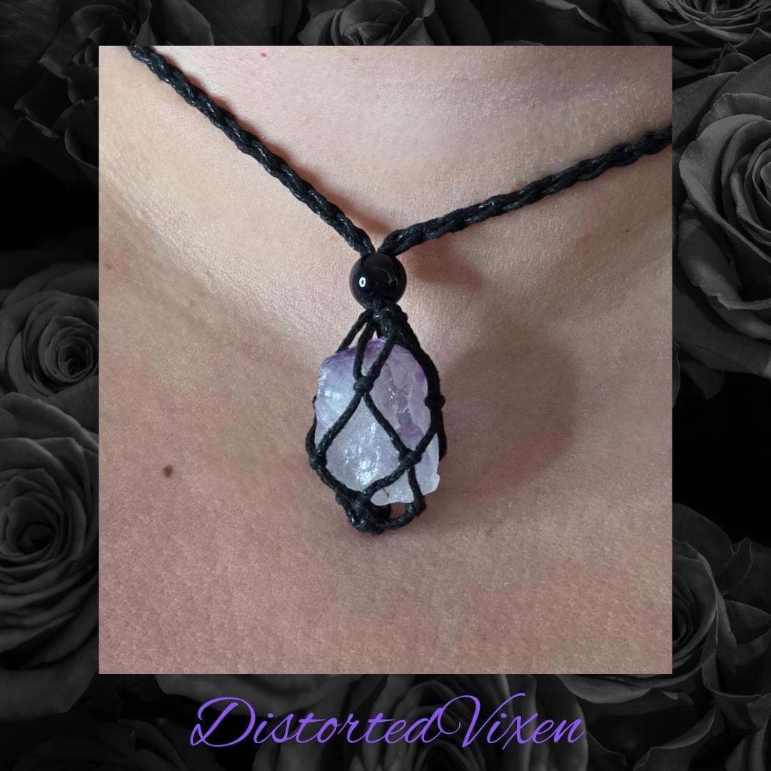 Amethyst Crystal Necklace — Adjustable Macramé Pouch — Intuition & Protection Jewelry - Thumbnail 5