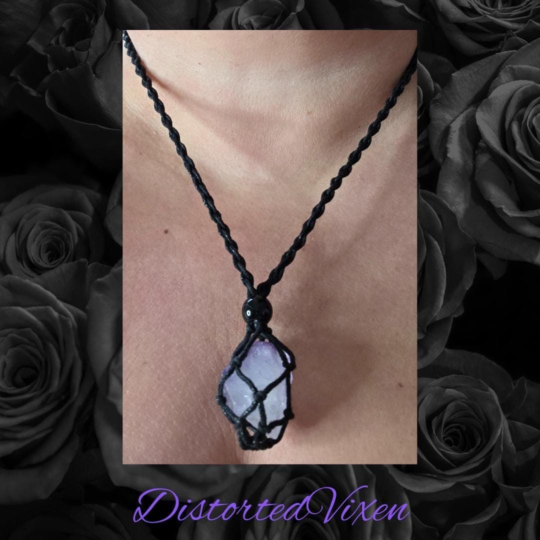 Amethyst Crystal Necklace — Adjustable Macramé Pouch — Intuition & Protection Jewelry - Thumbnail 6