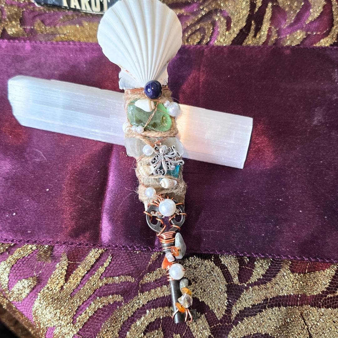 Handcrafted Driftwood Wand, Octopus Charm, Citrine, Carnelian, Copper Wrapped Key, Ocean Magic Tool - Thumbnail 3