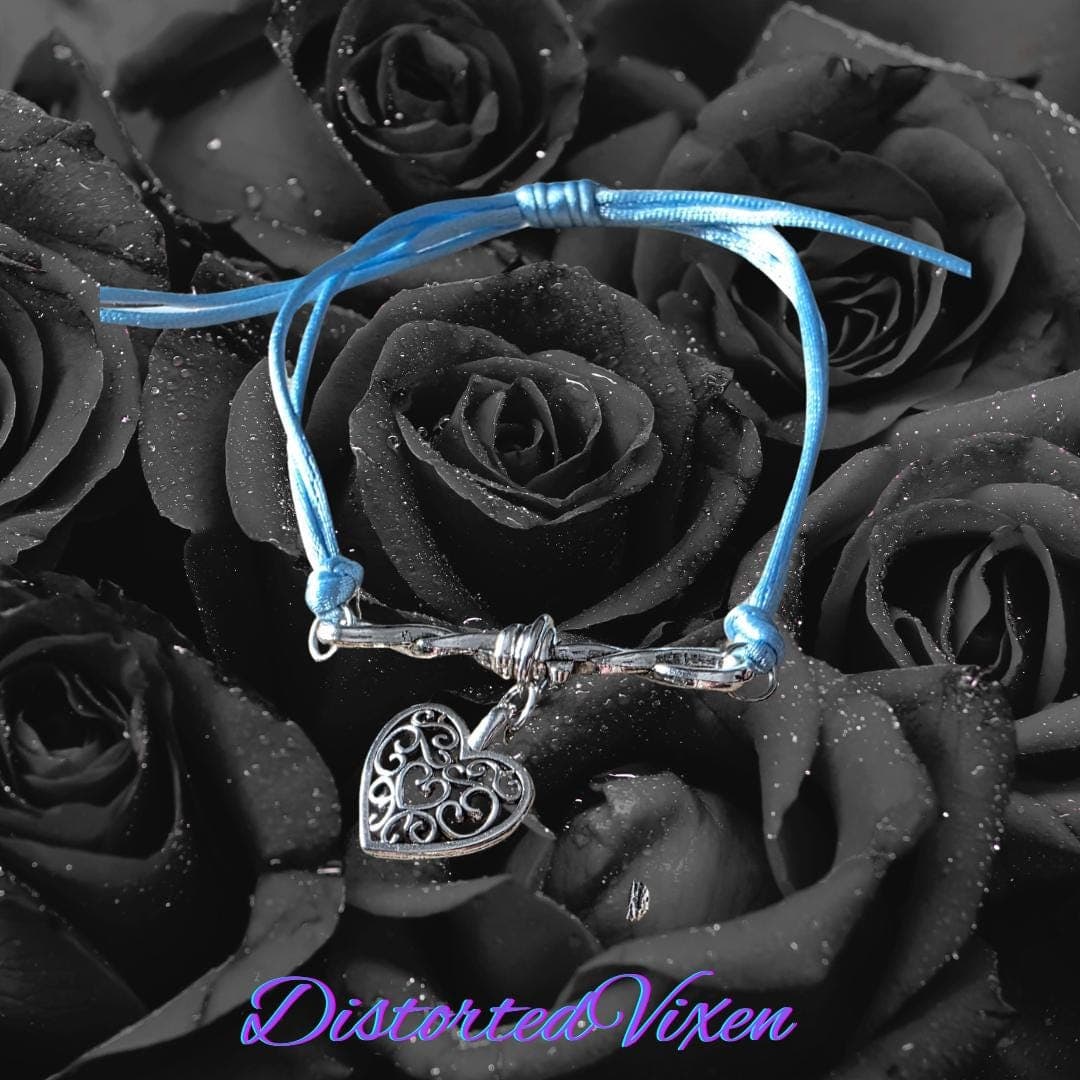 Barbed Wire Heart Stacker Bracelet - Adjustable Blue Cord Goth Jewelry - Edgy Alt Gift - Thumbnail 5