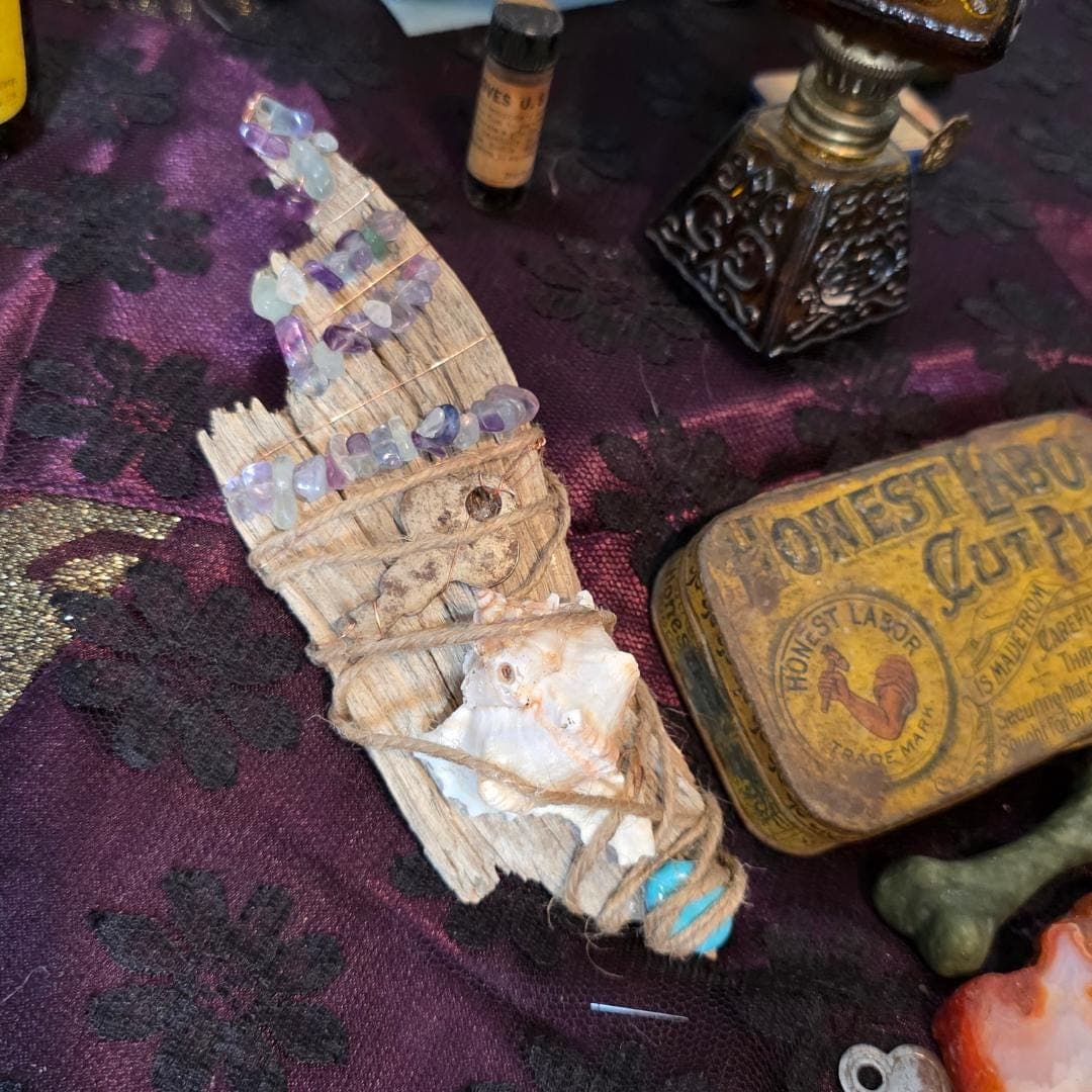 Driftwood Wand, Copper Wrapped Rainbow Fluorite, Antique Key, Sea Witch Altar Decor - Thumbnail 4