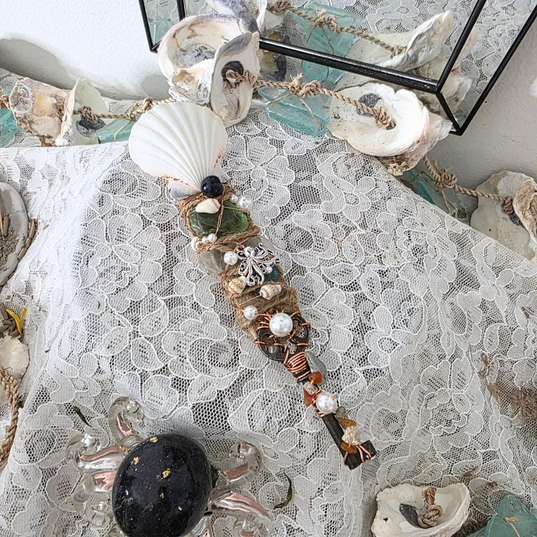 Handcrafted Driftwood Wand, Octopus Charm, Citrine, Carnelian, Copper Wrapped Key, Ocean Magic Tool - Thumbnail 10