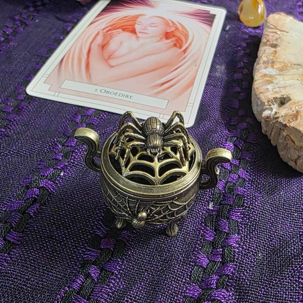 Bronze Spider Cauldron Incense Burner – Filigree Spiderweb Tripod Censer - Thumbnail 5