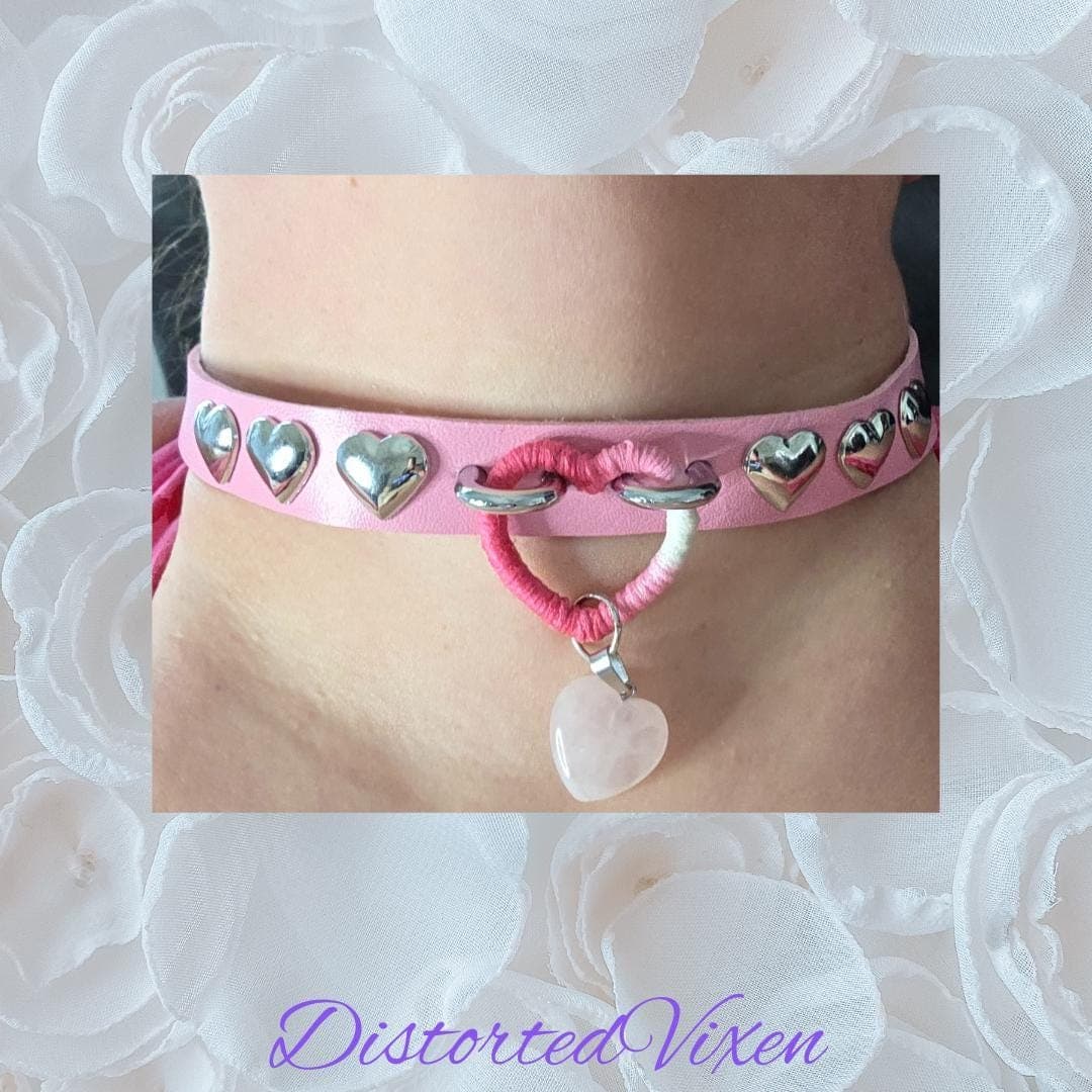 Pink Wrapped Heart Choker – Rose Quartz Charm Collar, Studded Gothic Necklace - Thumbnail 7