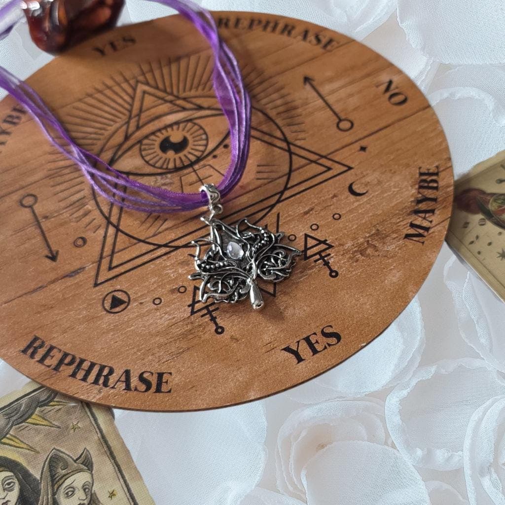 Moonstone Celt-Goth Filigree Pendant - Purple Ribbon Choker - Mythic Goddess