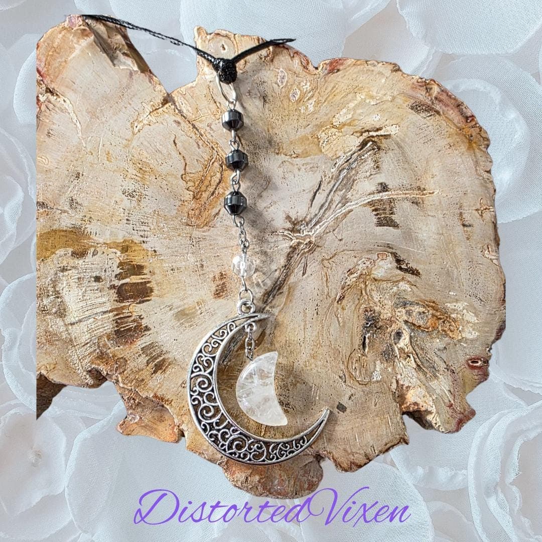 Quartz Moon Pendant Necklace, Hematite Grounding Beads, Witchy Goth Jewelry - Thumbnail 4