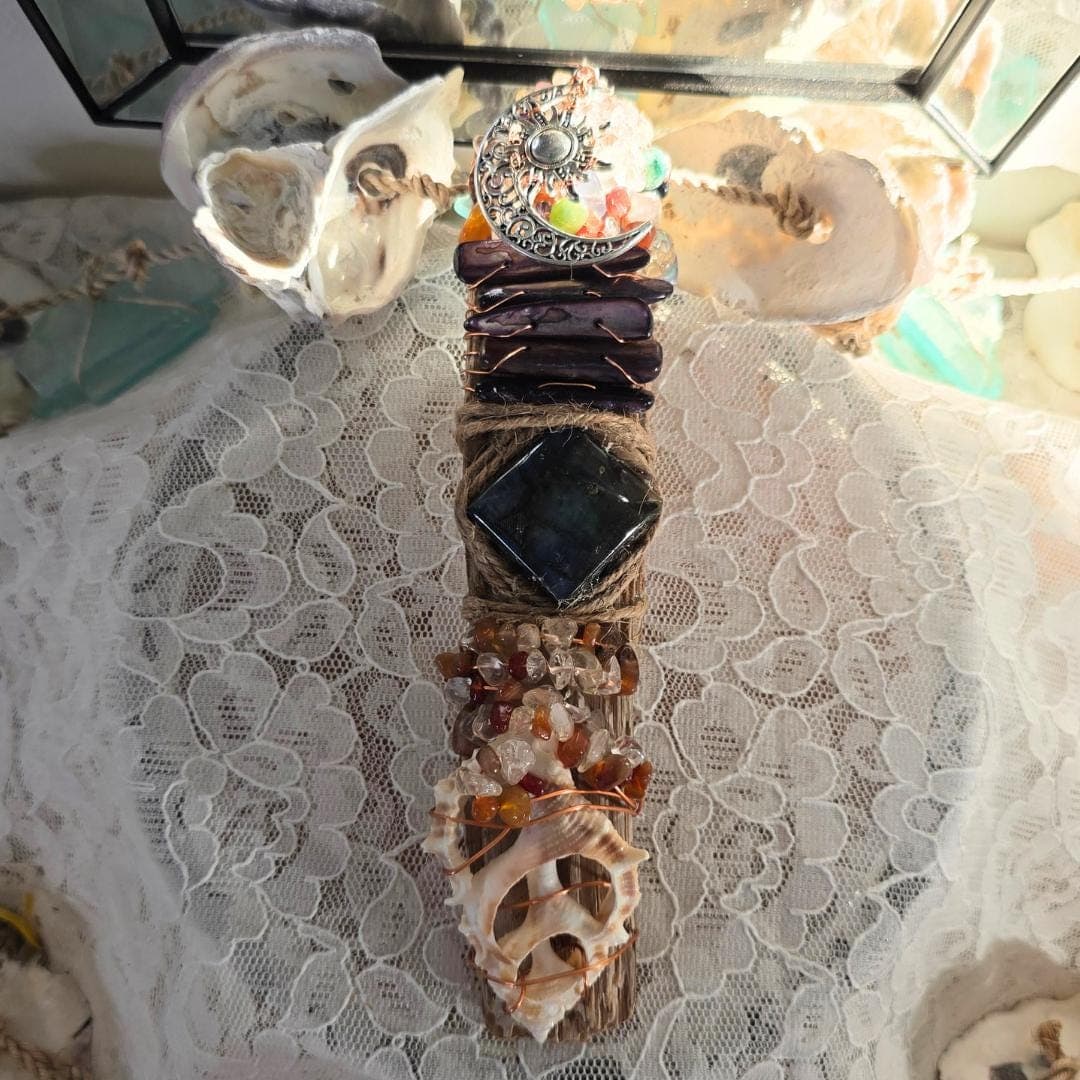 Handcrafted Driftwood Wand, Labradorite, Copper Wrapped Crystals, Sunrise Sunset Moon Charm - Thumbnail 3