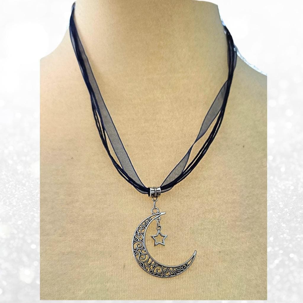Celestial Crescent Moon & Star Necklace | Midnight Blue Lace Choker | Dark - Thumbnail 7