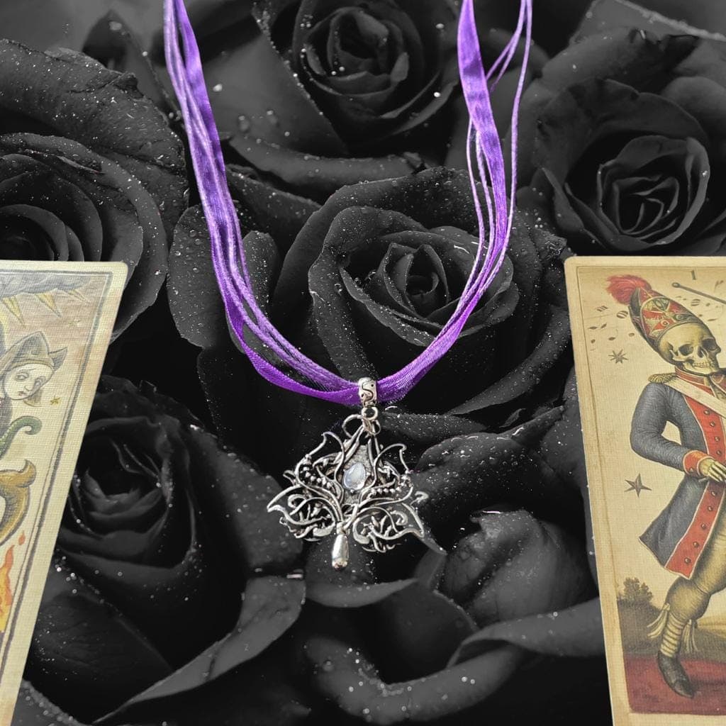 Moonstone Celt-Goth Filigree Pendant - Purple Ribbon Choker - Mythic Goddess - Thumbnail 6