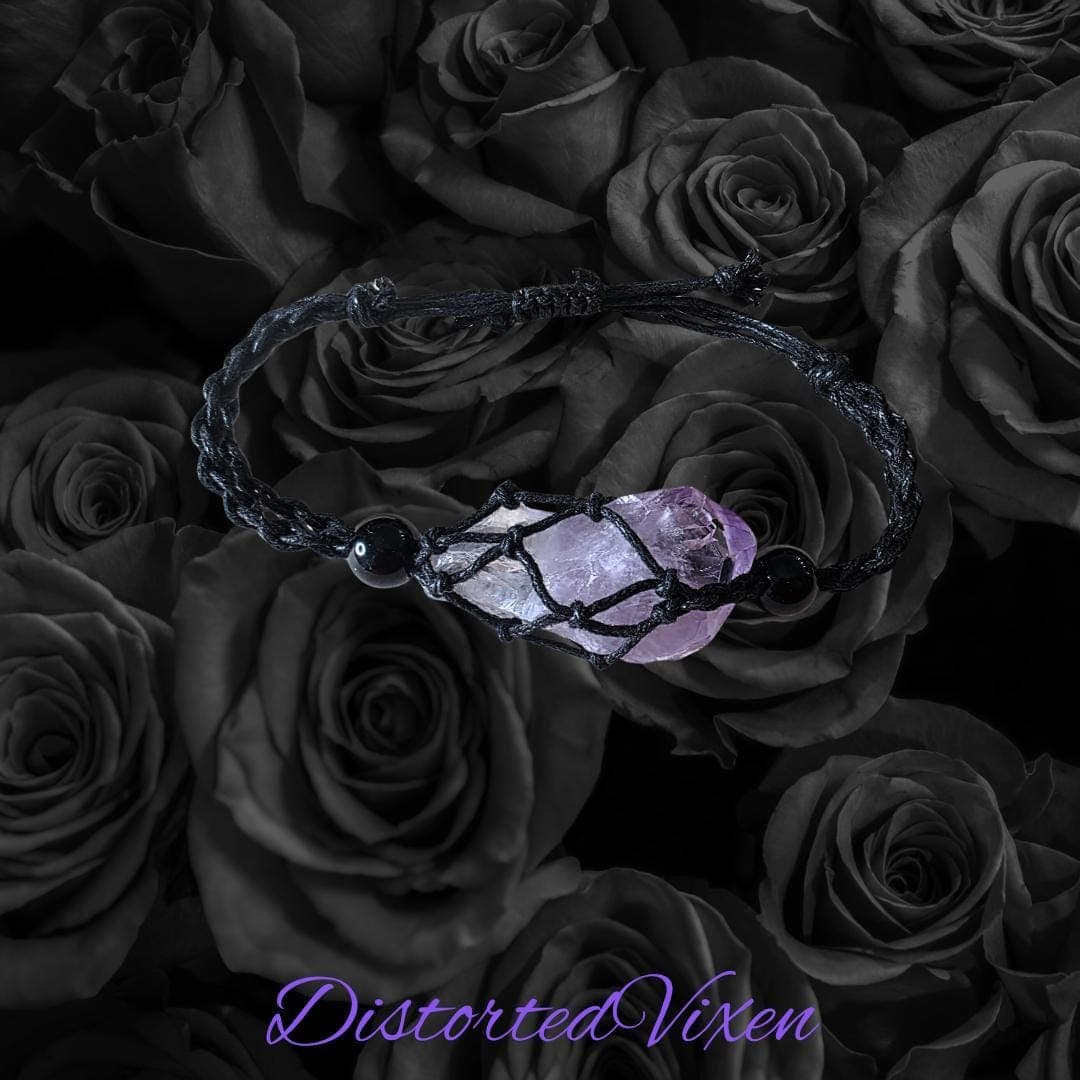Amethyst Crystal Bracelet – Adjustable Macramé Pouch – Healing & Intuition Jewelry - Thumbnail 3