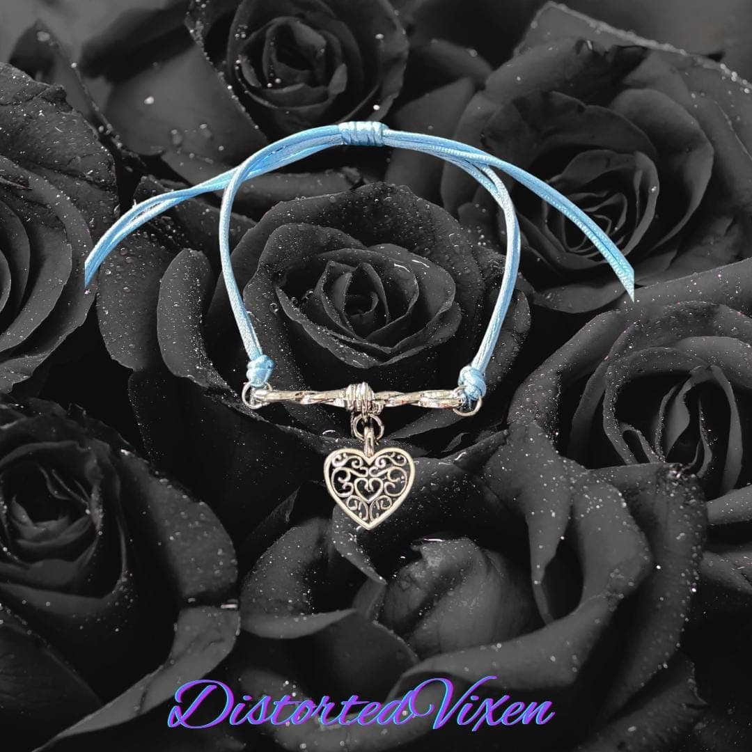 Barbed Wire Heart Stacker Bracelet - Adjustable Blue Cord Goth Jewelry - Edgy Alt Gift - Thumbnail 3