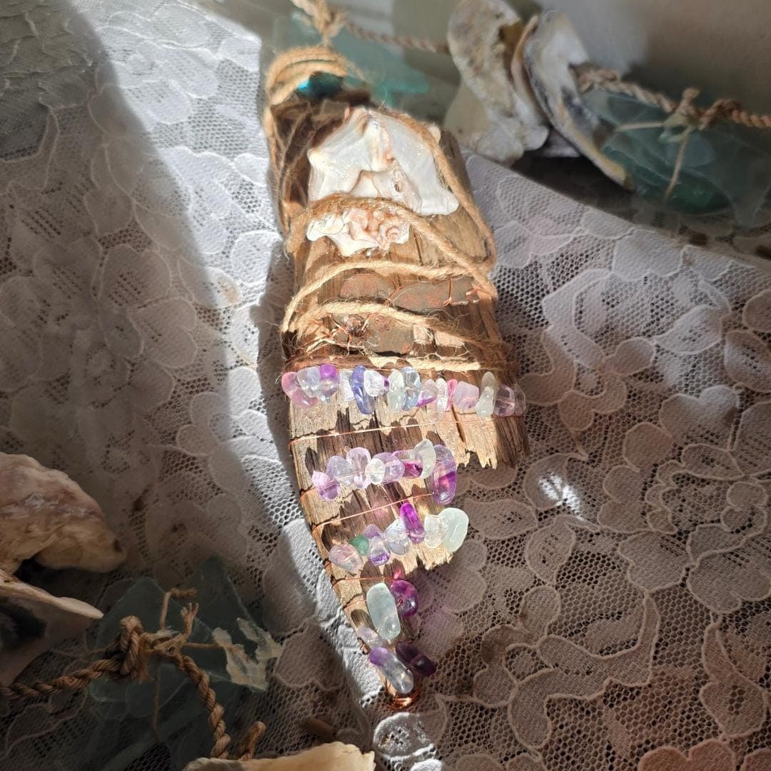 Driftwood Wand, Copper Wrapped Rainbow Fluorite, Antique Key, Sea Witch Altar Decor - Thumbnail 3