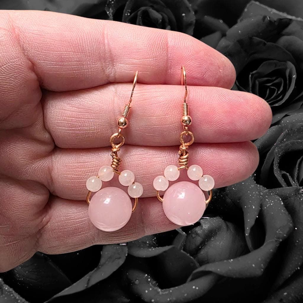 Rose Quartz "Paw" Earrings – Copper Wrapped & Sterling Silver Glow cat paw - Thumbnail 4