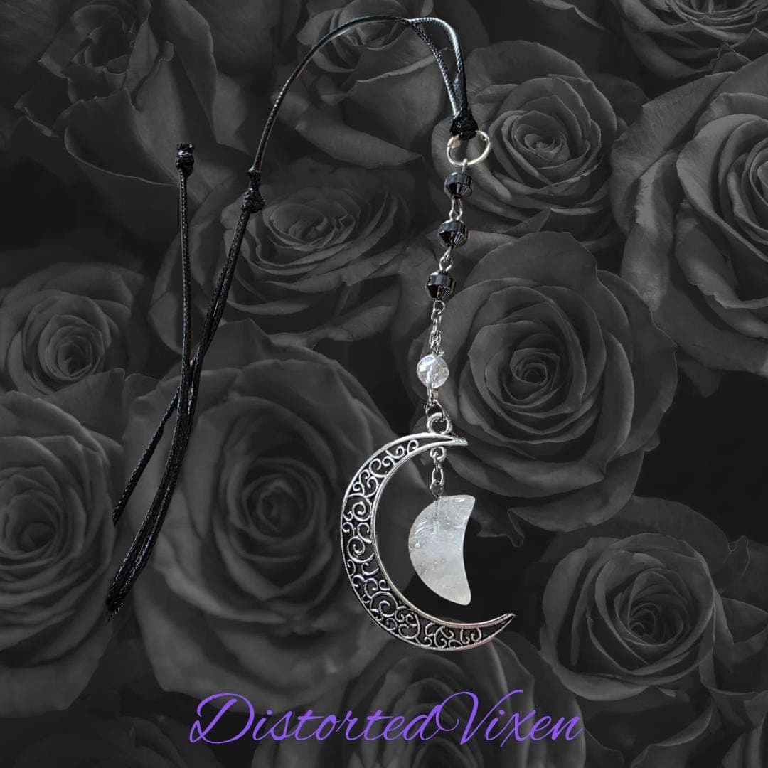 Quartz Moon Pendant Necklace, Hematite Grounding Beads, Witchy Goth Jewelry - Thumbnail 7