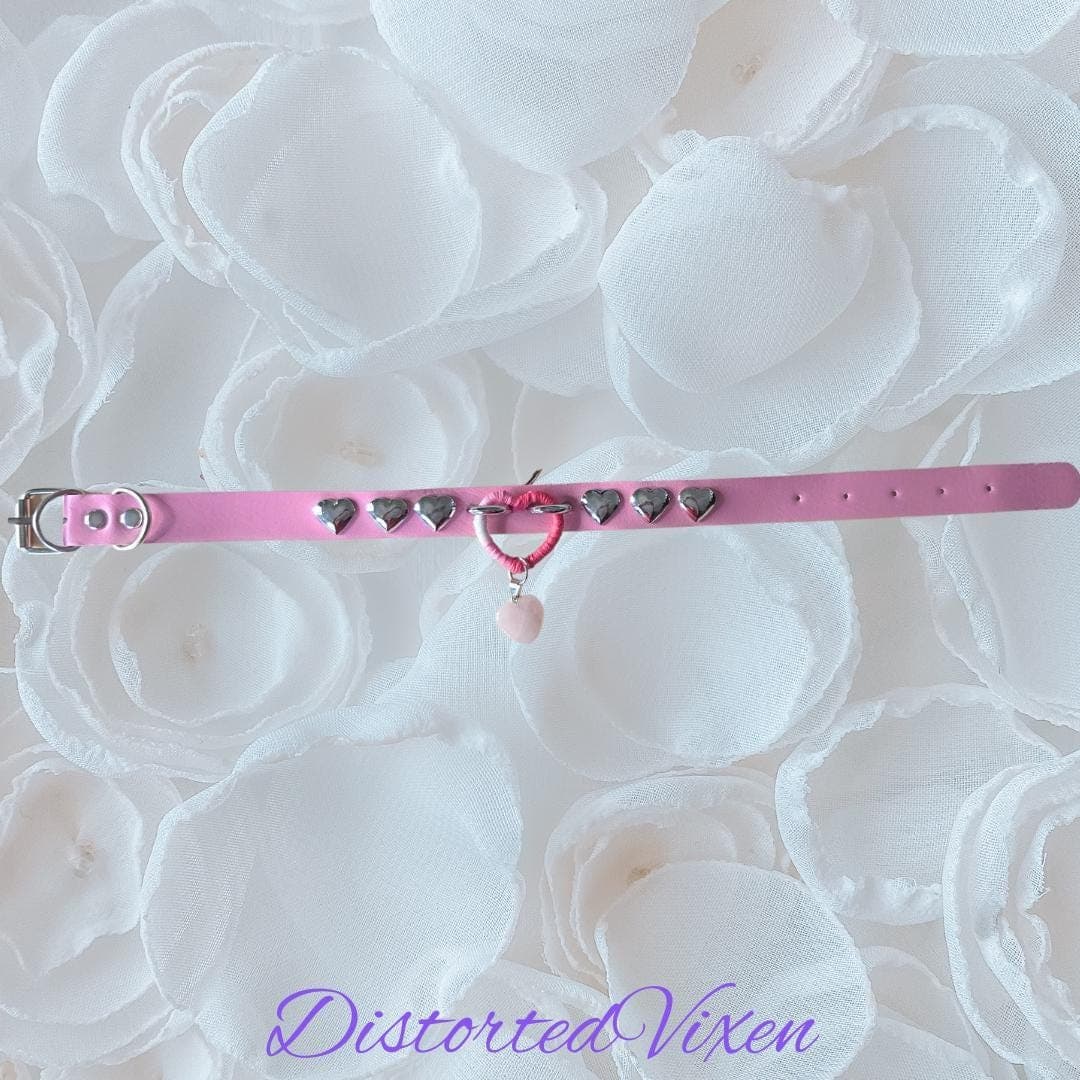 Pink Wrapped Heart Choker – Rose Quartz Charm Collar, Studded Gothic Necklace - Thumbnail 6