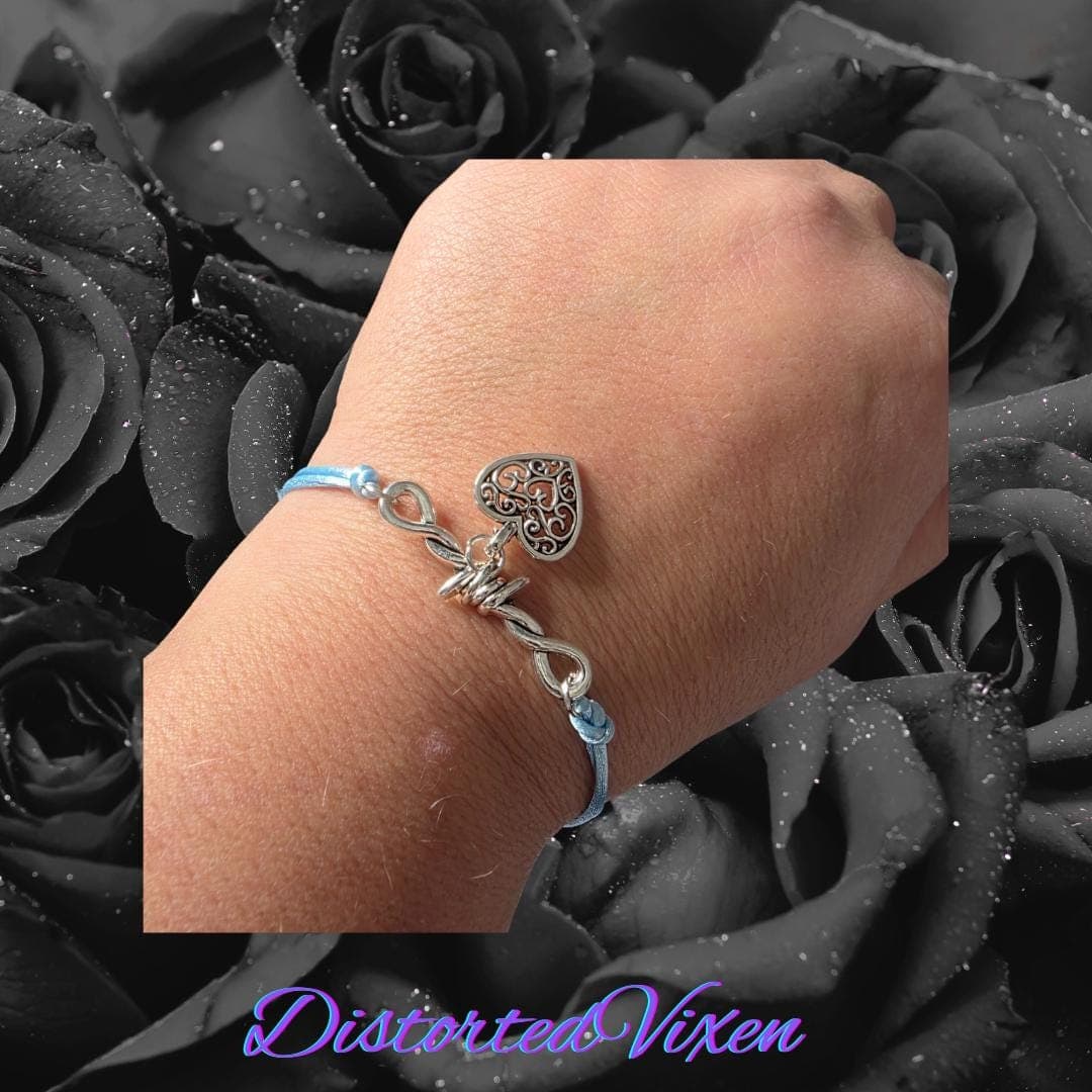 Barbed Wire Heart Stacker Bracelet - Adjustable Blue Cord Goth Jewelry - Edgy Alt Gift - Thumbnail 2