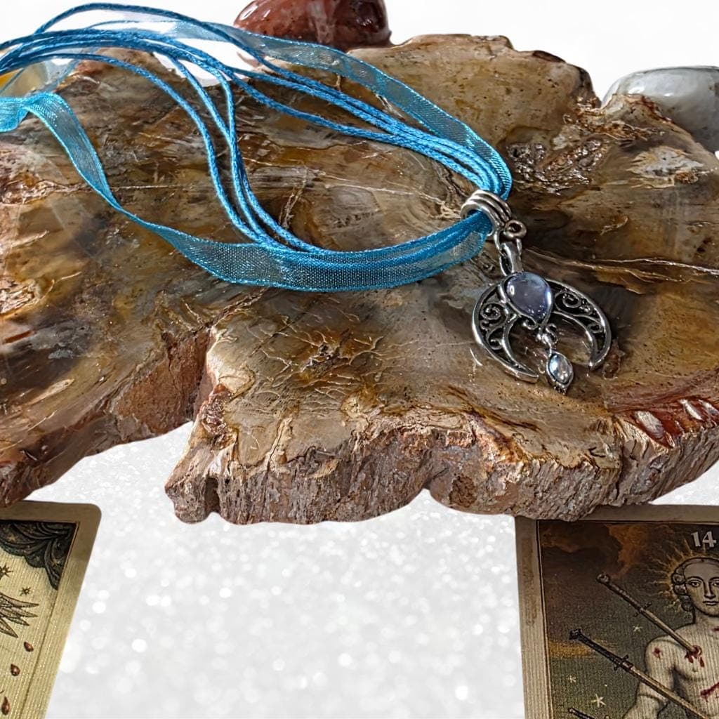 Gothic Armor Hecate Moon Goddess Necklace - Blue Celestial Talisman -choker - Thumbnail 7