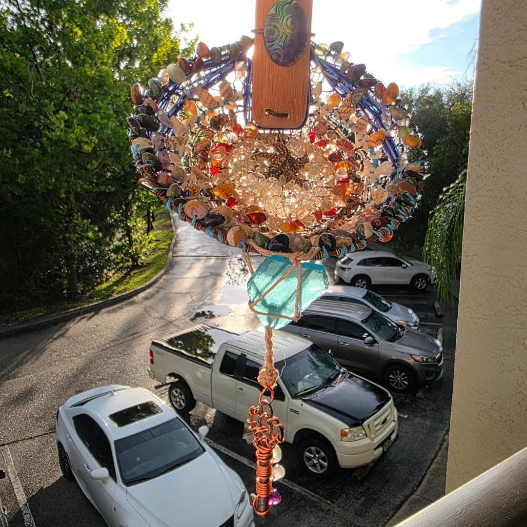 Handwoven Vintage Strainer Suncatcher – Abalone, Sea Glass, Crystals, Copper Key, Coastal Art - Thumbnail 4