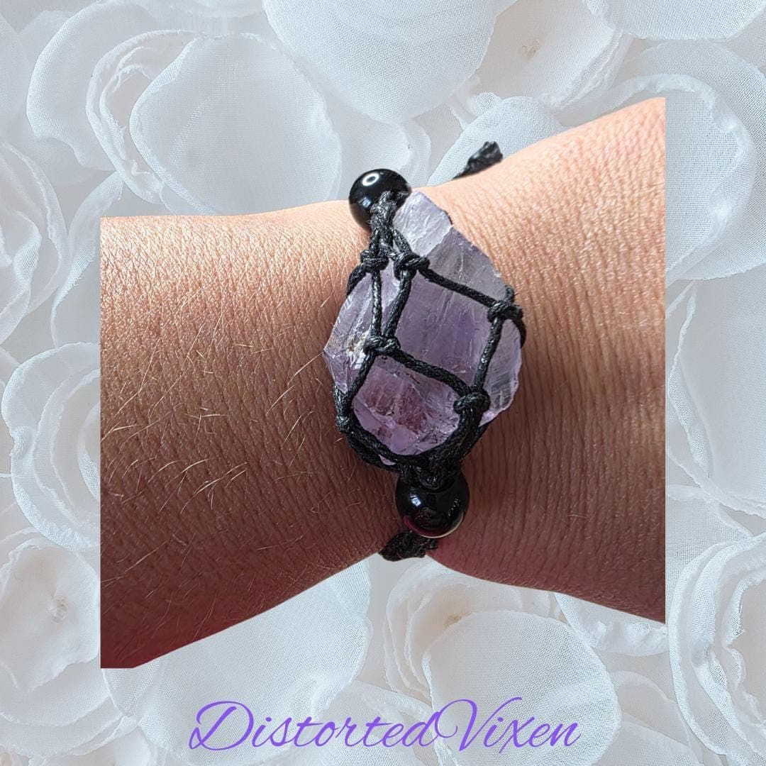 Amethyst Crystal Bracelet – Adjustable Macramé Pouch – Healing & Intuition Jewelry - Thumbnail 5