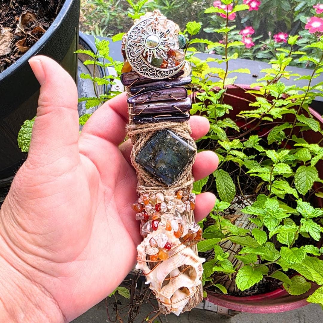 Handcrafted Driftwood Wand, Labradorite, Copper Wrapped Crystals, Sunrise Sunset Moon Charm - Thumbnail 8