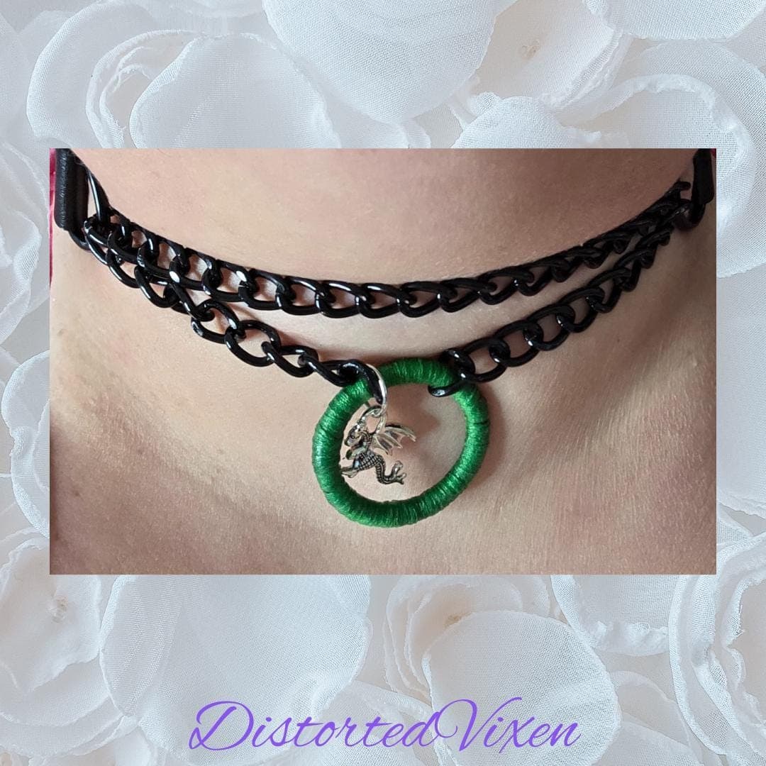 Green Wrapped Dragon Choker – Double Chain Gothic Collar - Thumbnail 2