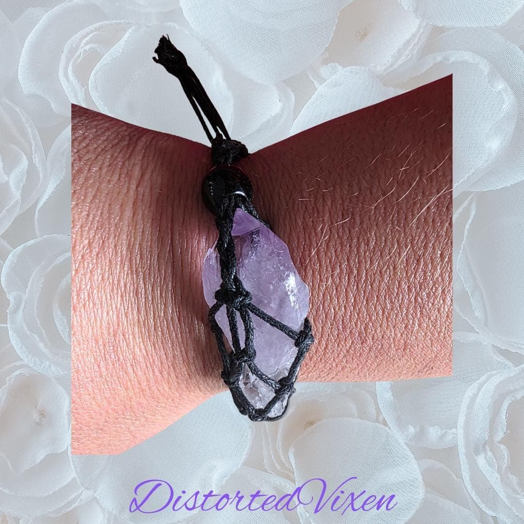 Amethyst Crystal Bracelet – Adjustable Macramé Pouch – Healing & Intuition Jewelry - Thumbnail 6