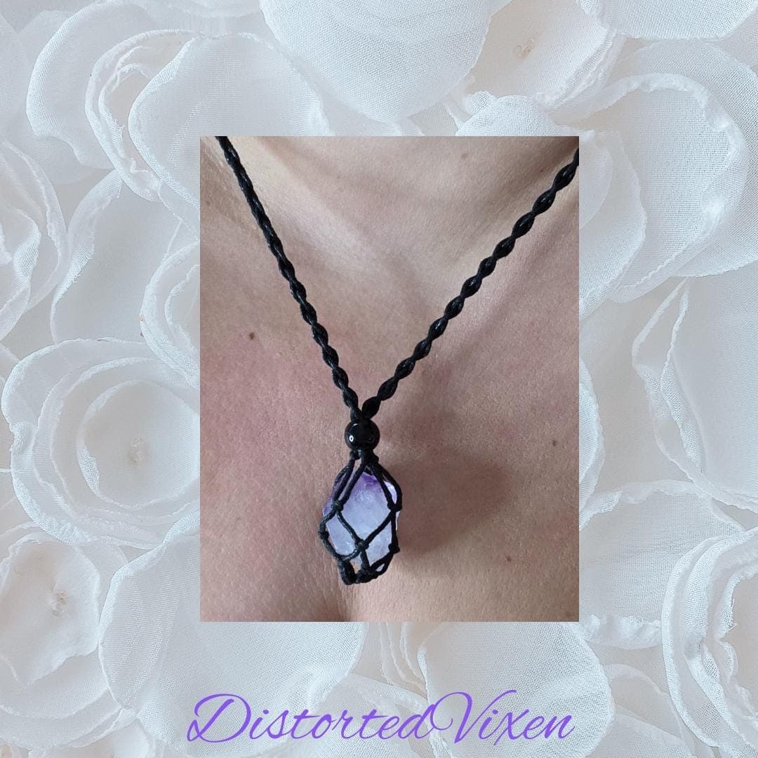 Amethyst Crystal Necklace — Adjustable Macramé Pouch — Intuition & Protection Jewelry - Thumbnail 11
