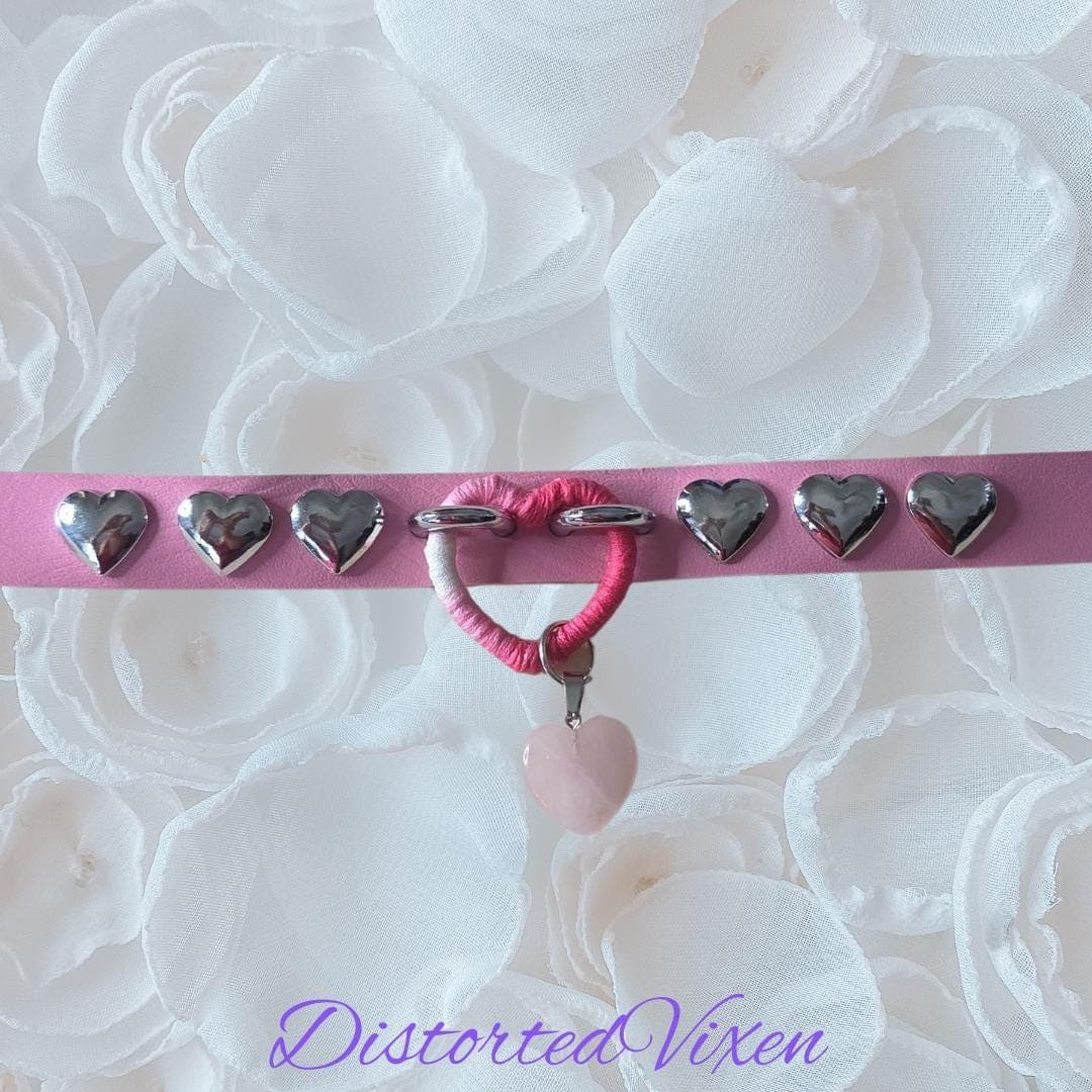 Pink Wrapped Heart Choker – Rose Quartz Charm Collar, Studded Gothic Necklace - Thumbnail 4