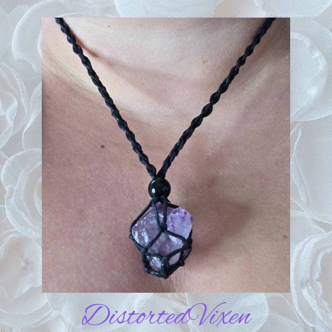 Amethyst Crystal Necklace — Adjustable Macramé Pouch — Intuition & Protection Jewelry - Thumbnail 2