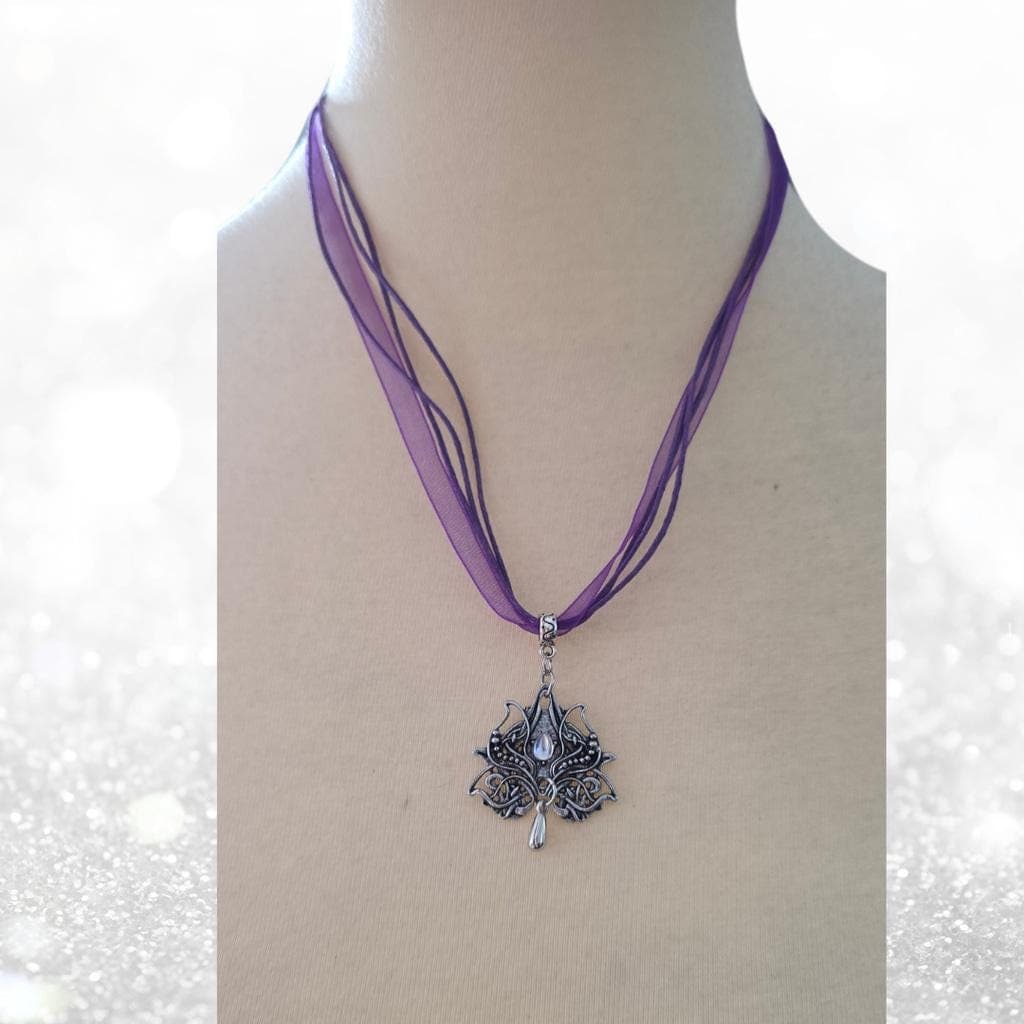 Moonstone Celt-Goth Filigree Pendant - Purple Ribbon Choker - Mythic Goddess - Thumbnail 8