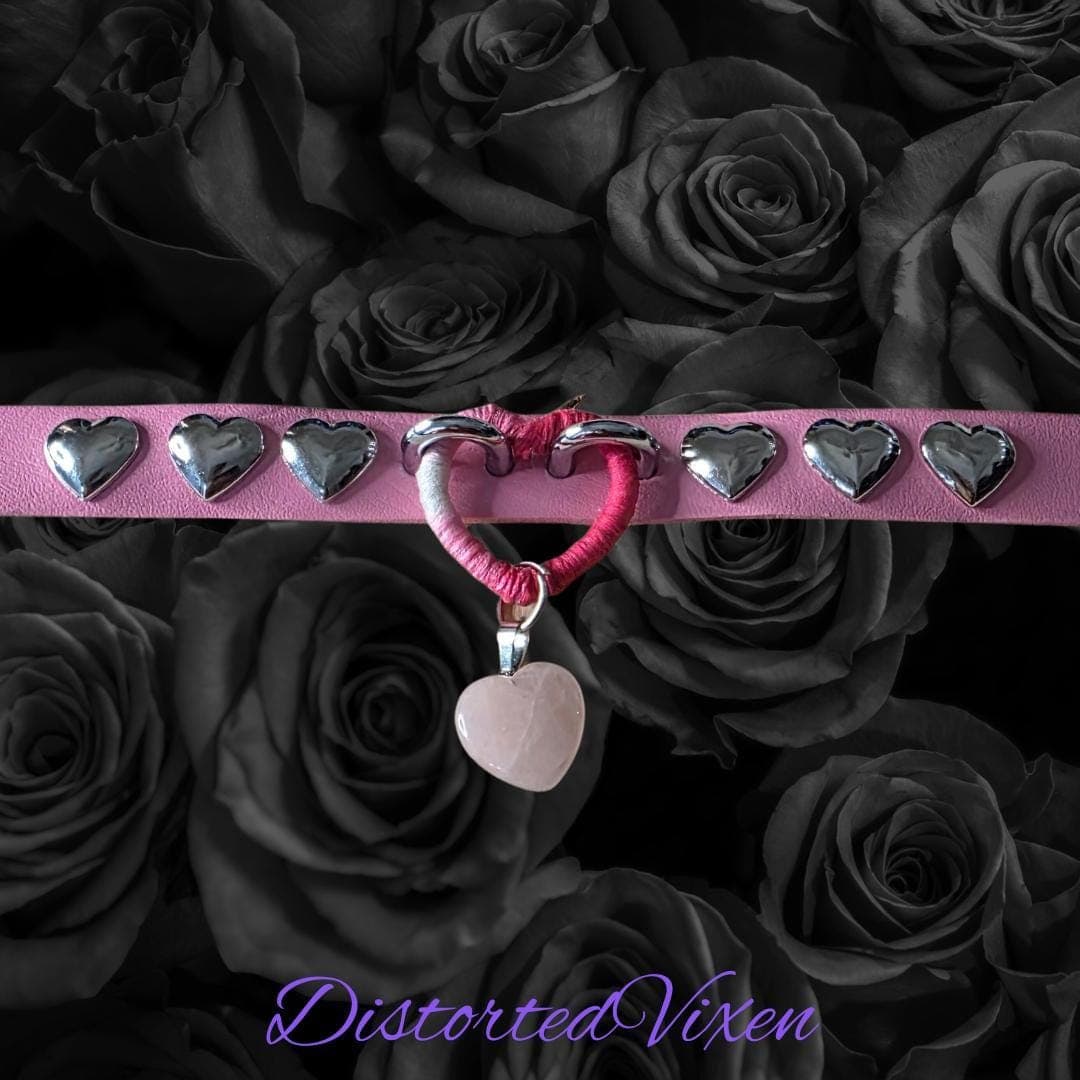 Pink Wrapped Heart Choker – Rose Quartz Charm Collar, Studded Gothic Necklace - Thumbnail 3
