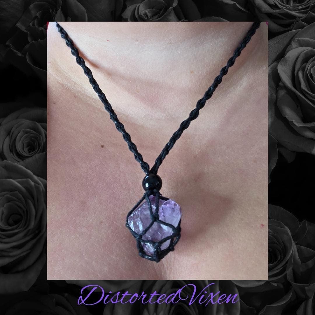 Amethyst Crystal Necklace — Adjustable Macramé Pouch — Intuition & Protection Jewelry - Thumbnail 4
